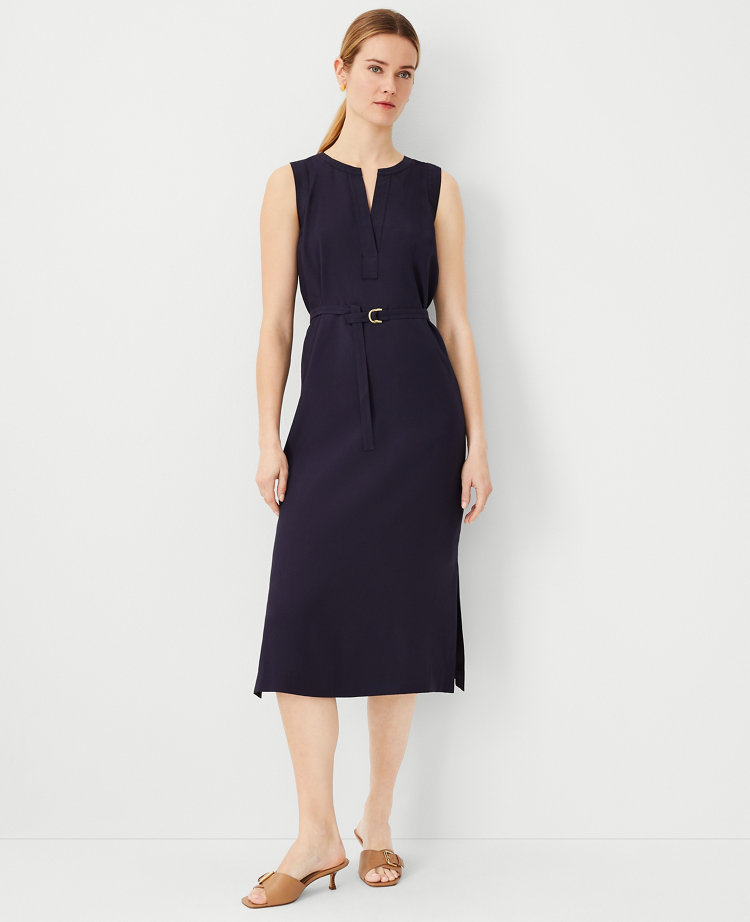 Petite Split Neck Belted Midi Dress