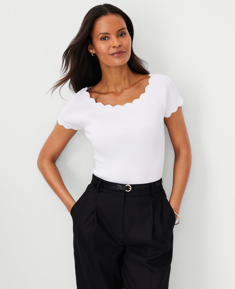 Ann Taylor Petite Scalloped Open Neck Top Women's