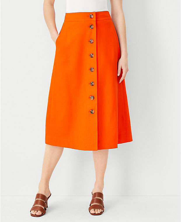 Linen Blend Button Midi Skirt