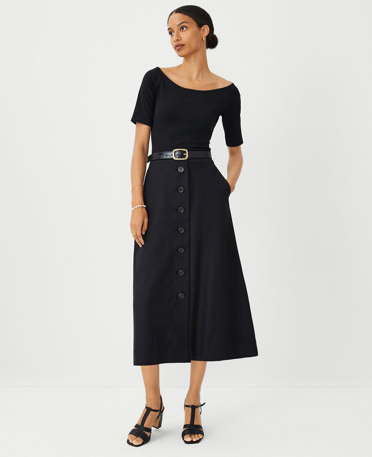 Linen Blend Button Midi Skirt