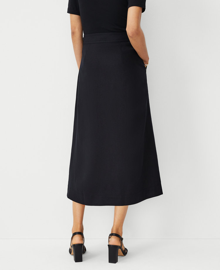 Linen Blend Button Midi Skirt