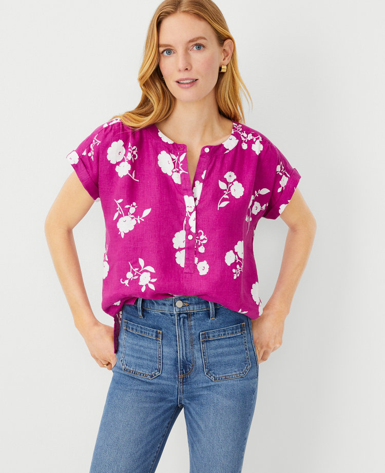 Ann Taylor Petite Floral Linen Framed Popover Top Magenta Shadow Women's