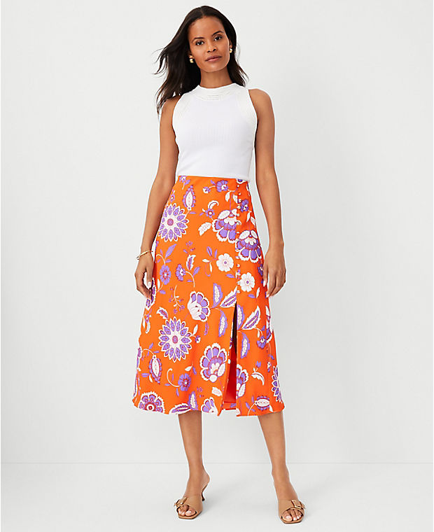 Petite Floral Button Slit Midi Slip Skirt