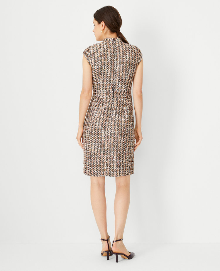 Shimmer Tweed Mock Neck Flare Dress