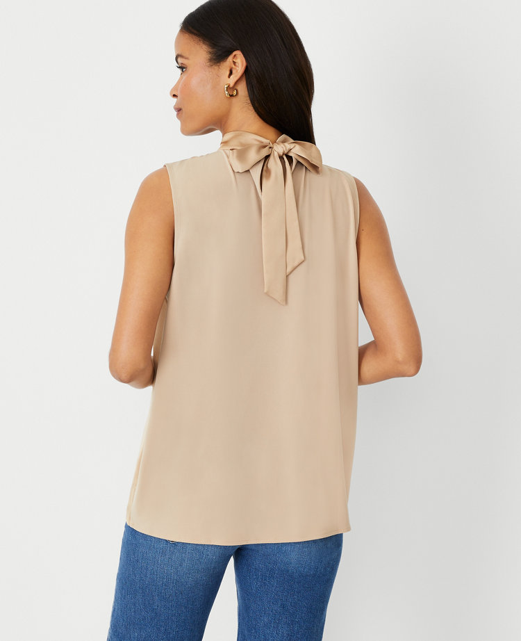Shimmer Mixed Media Tie Back Mock Neck Shell