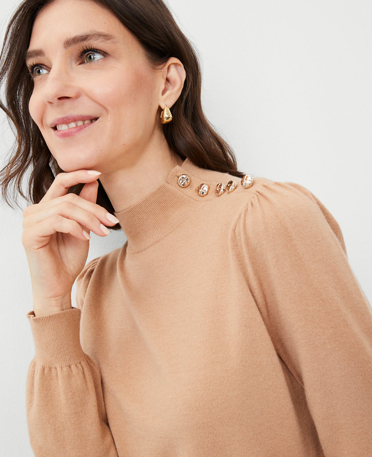 Shoulder Button Mock Neck Sweater