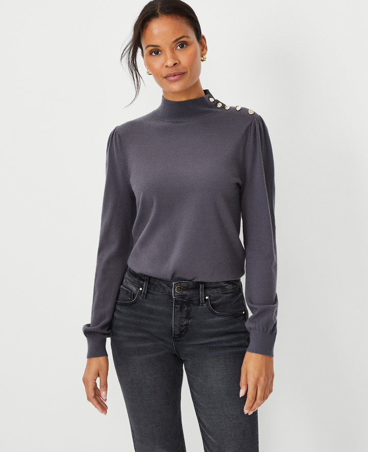 Shoulder Button Mock Neck Sweater