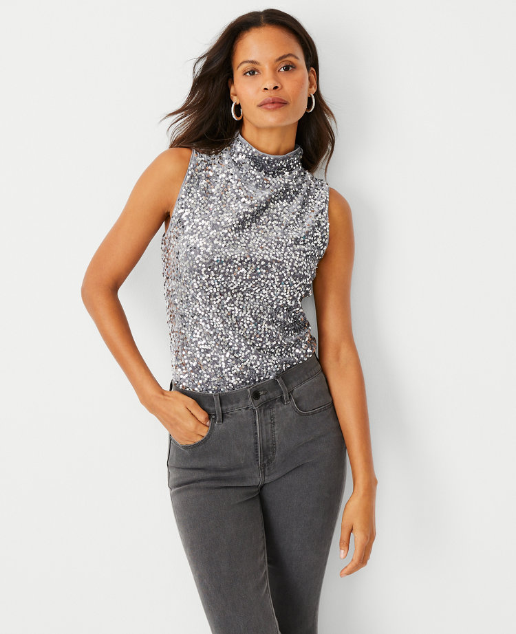 Sequin Sleeveless Mock Neck Top