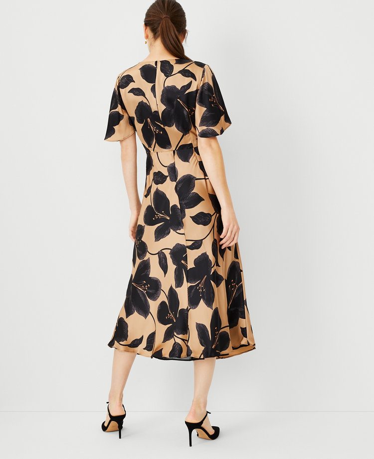 Studio Collection Floral Silk Flutter Sleeve Flare Dress