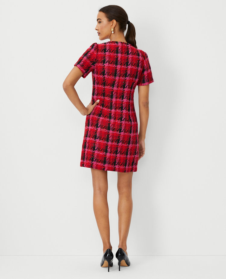 Shimmer Houndstooth Tweed Shift Dress