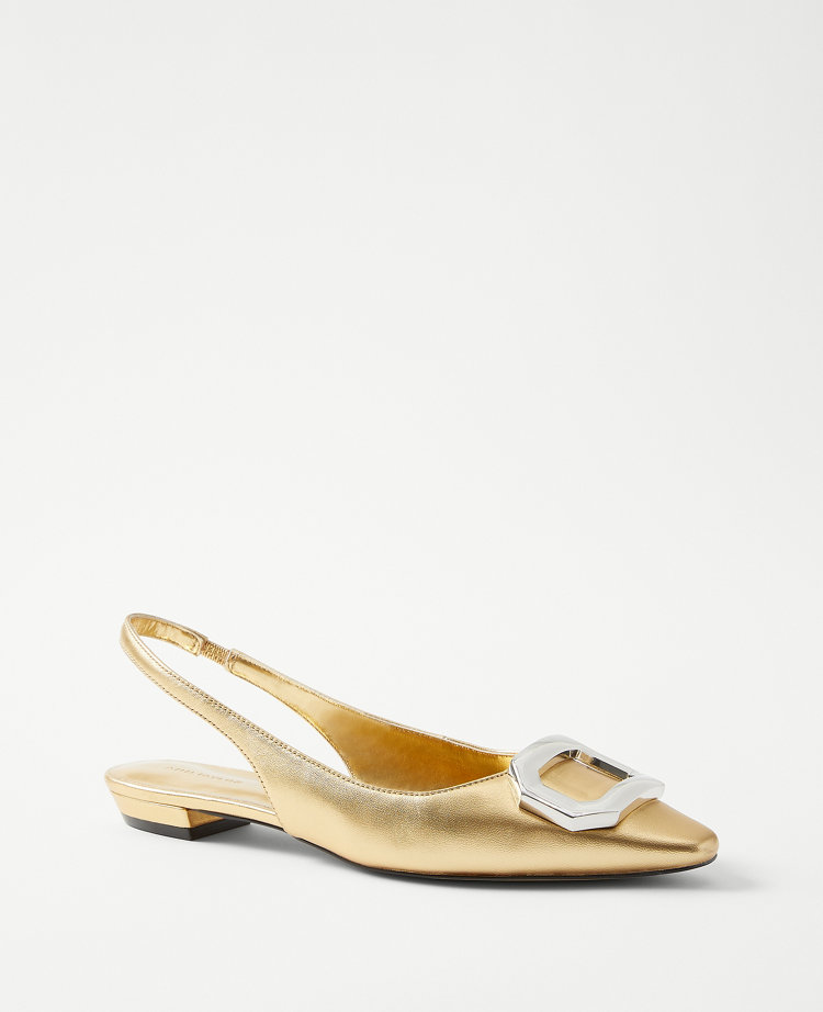 Metallic Leather Buckle Slingback Flats