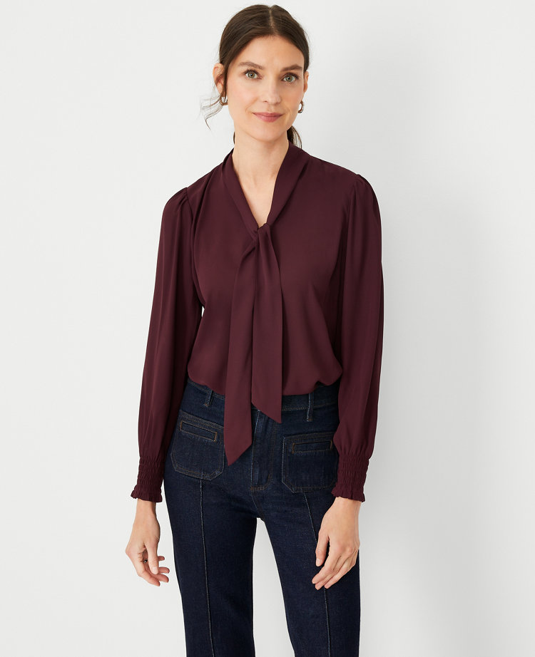 Mixed Media Tie Neck Blouse