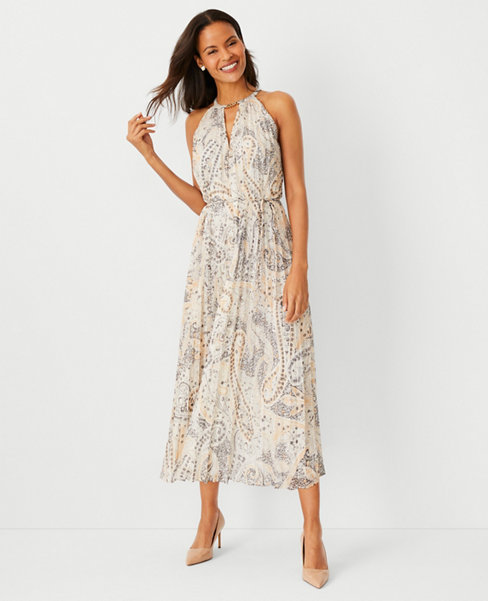 Shimmer Paisley Chain Pleated Halter Dress