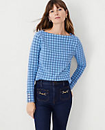Plaid Boatneck Button Cuff Top carousel Product Image 1