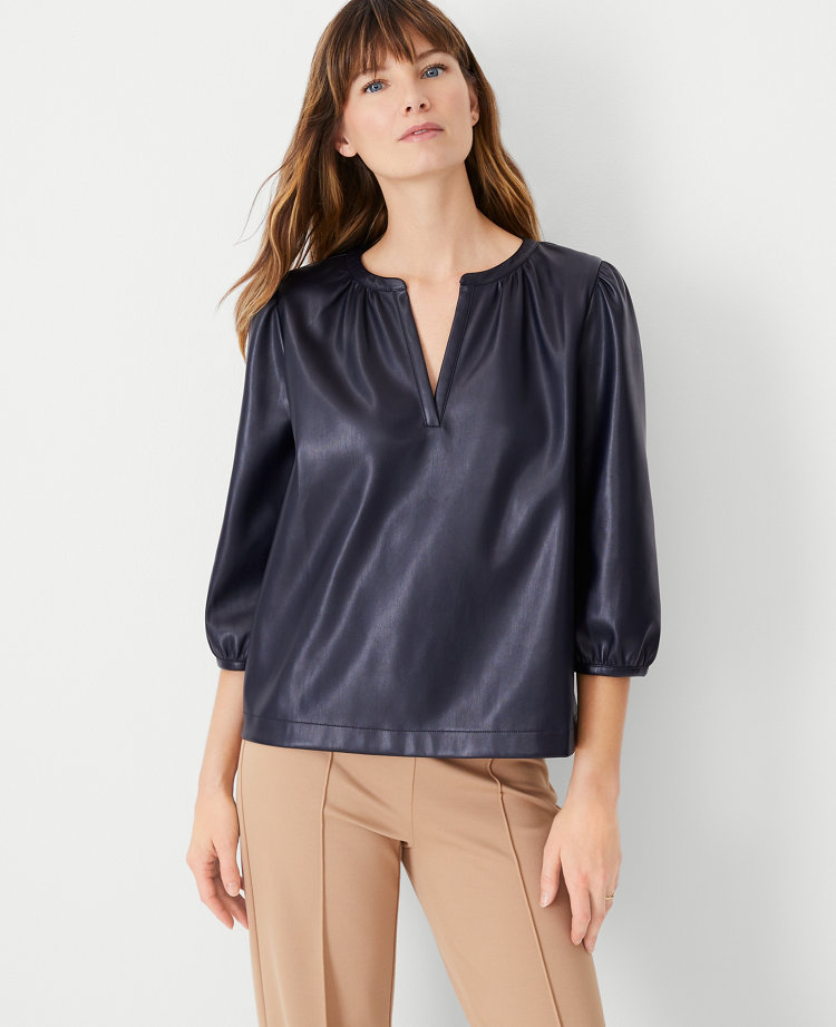 Faux Leather Split Neck Top