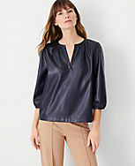 Faux Leather Split Neck Top carousel Product Image 1