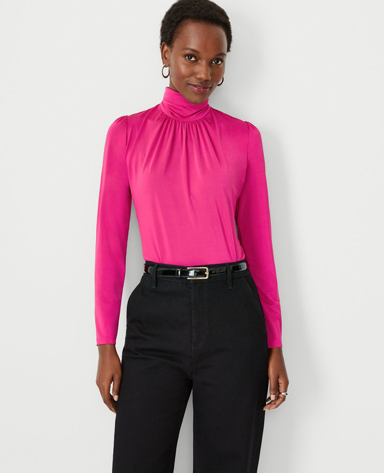 Ann Taylor hot pink mock neck long puff sleeve top - Depop