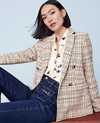 Ann Taylor The Tailored Double Breasted Blazer In Tweed In Toasted Oat