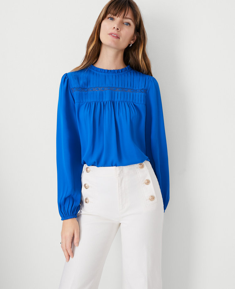 Ann Taylor Shimmer Mixed Media Pleated Sleeve Top - ShopStyle