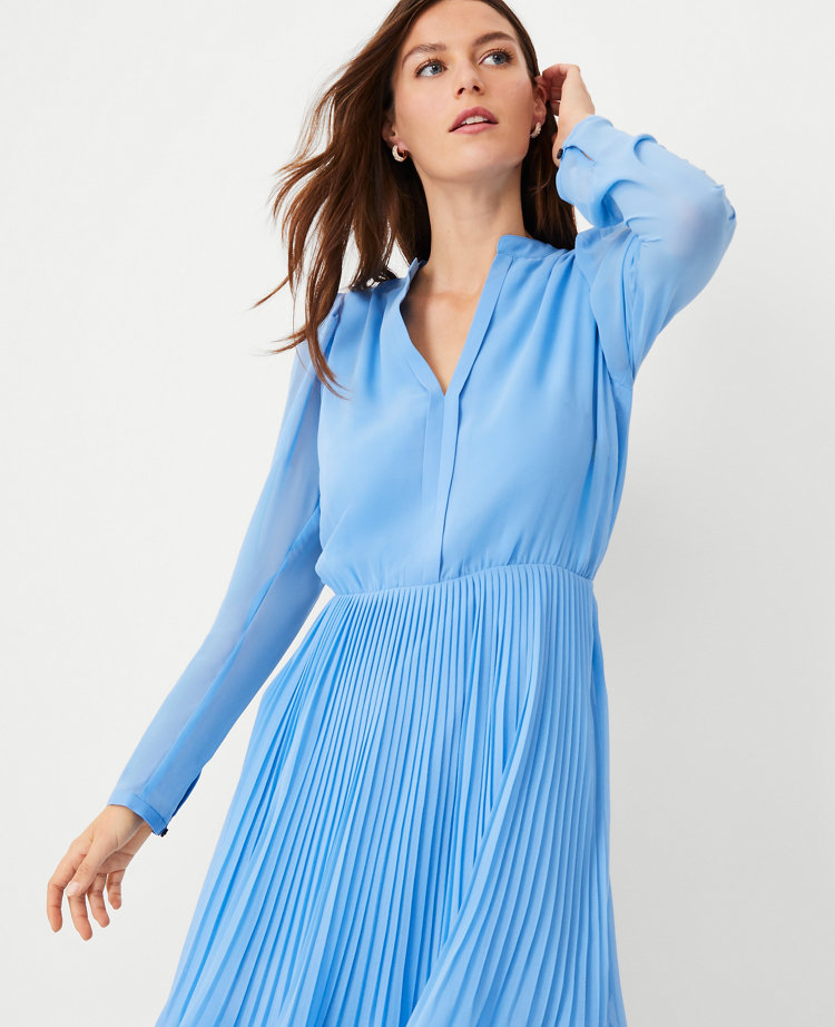 Pleated Long Sleeve Flare Dress