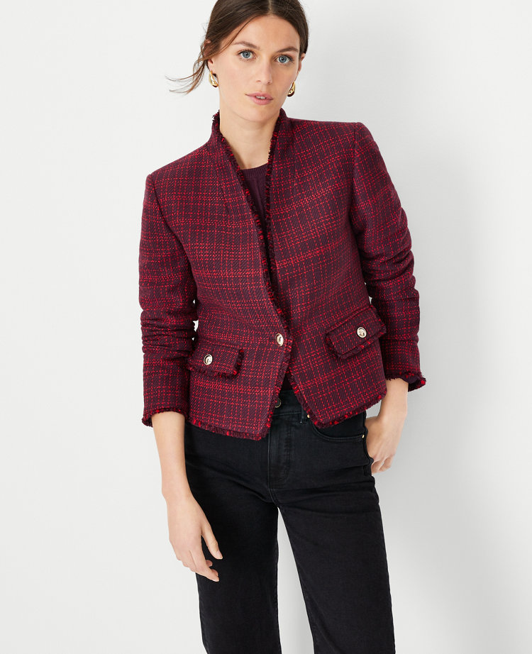 ANN TAYLOR Plaid Fringe Tweed Jacket Red Multi  Womens Jackets And Blazers  < Knittinginfrance