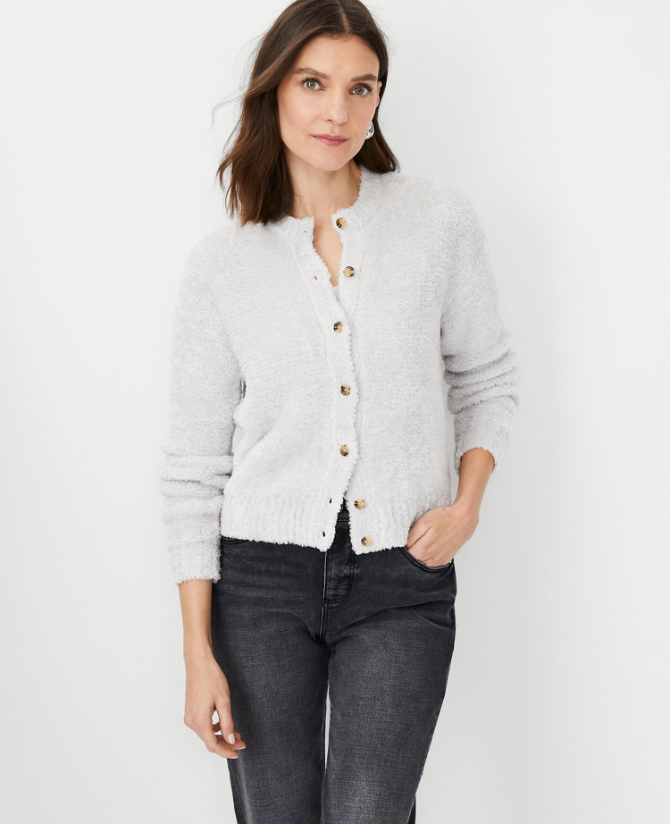 White fuzzy button up sweater hot sale