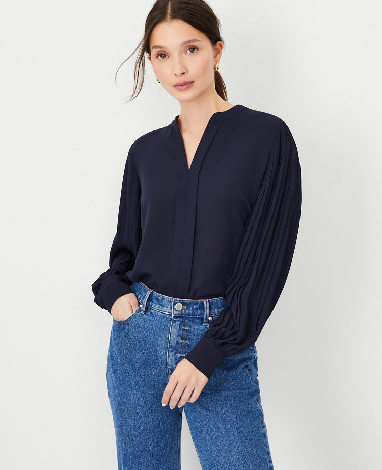 Pleated Sleeve Split Neck Blouse