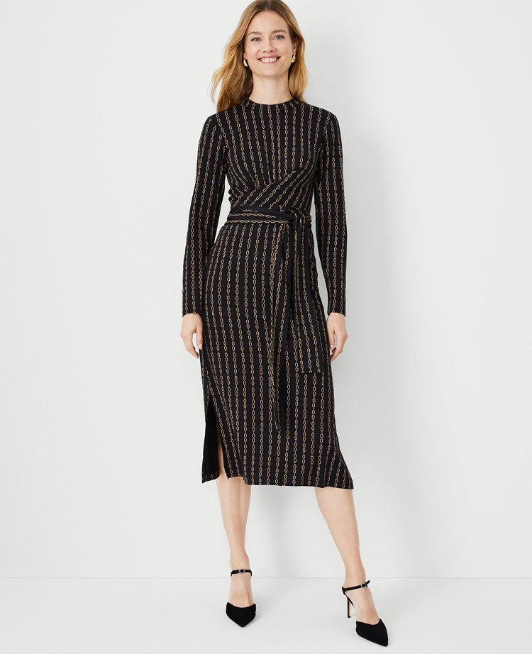 Linking Up Black Long Sleeve Belted Chain Print Shirt Dress