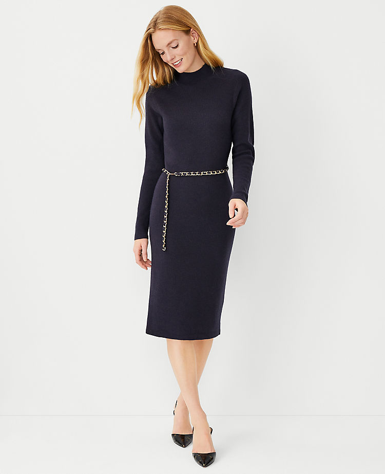 Chain Belted Ribbed Sweater Dress