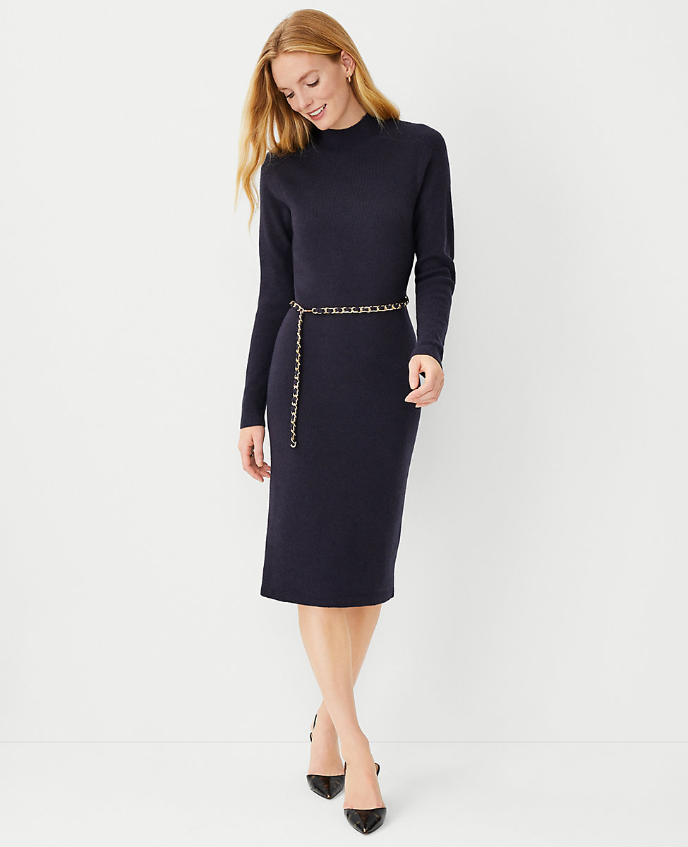 Chain Belted Ribbed Sweater Dress