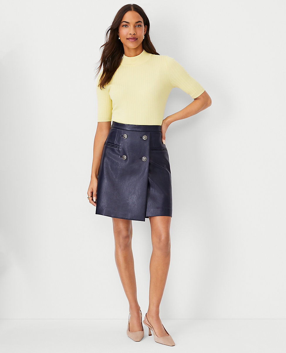 Pebbled Faux Leather Button Wrap Pocket Skirt
