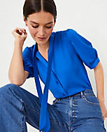 Puff Sleeve Tie Neck Button Top carousel Product Image 1