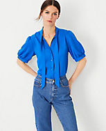 Puff Sleeve Tie Neck Button Top carousel Product Image 3