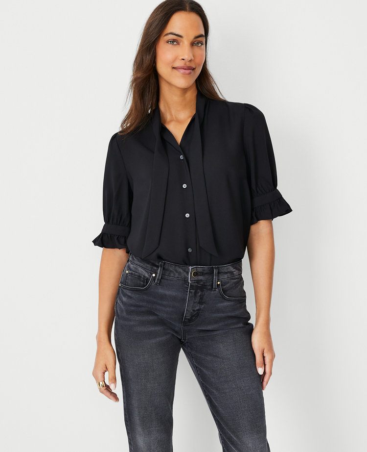 Puff Sleeve Tie Neck Button Top