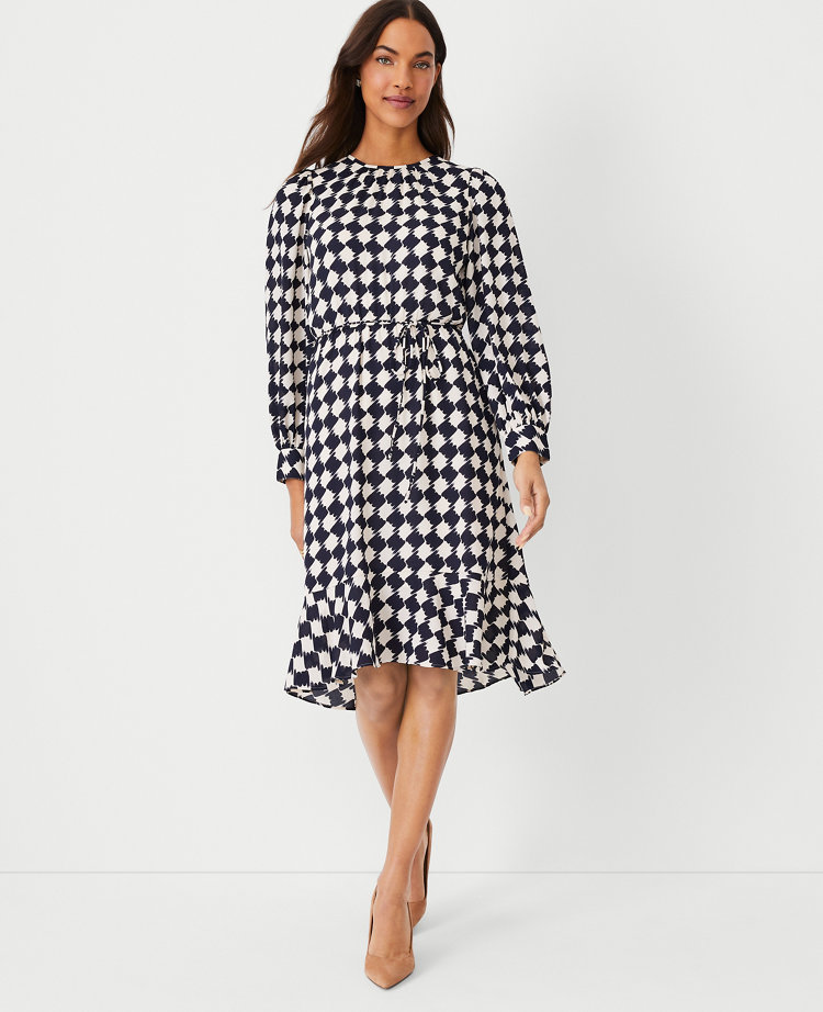 Ann Taylor Houndstooth Flounce Flare Dress Night Sky Women's