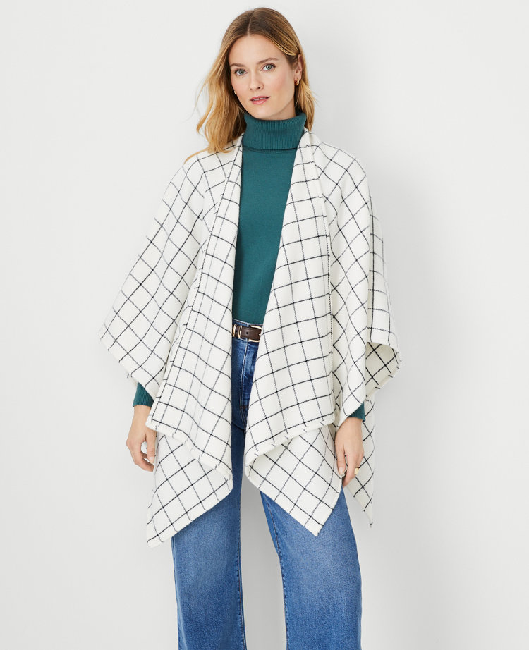 Ann Taylor Checked Open Front Poncho Winter White Women's