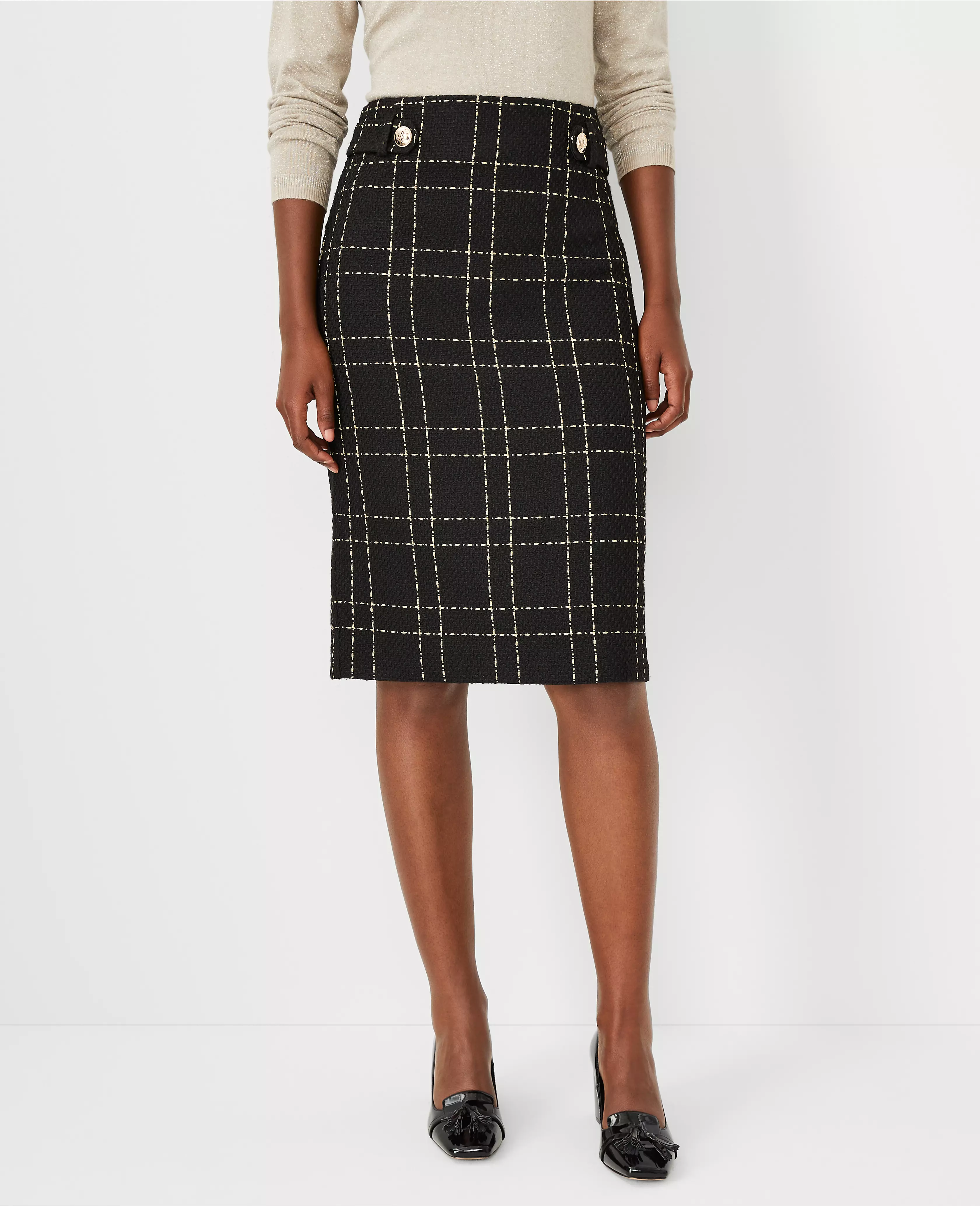 Shimmer Tweed Button Tab Pencil Skirt