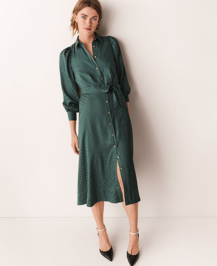 BELTED SATIN SHIRT DRESS - Emerald