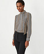 Houndstooth Mock Tie Neck Puff Sleeve Top carousel Product Image 3