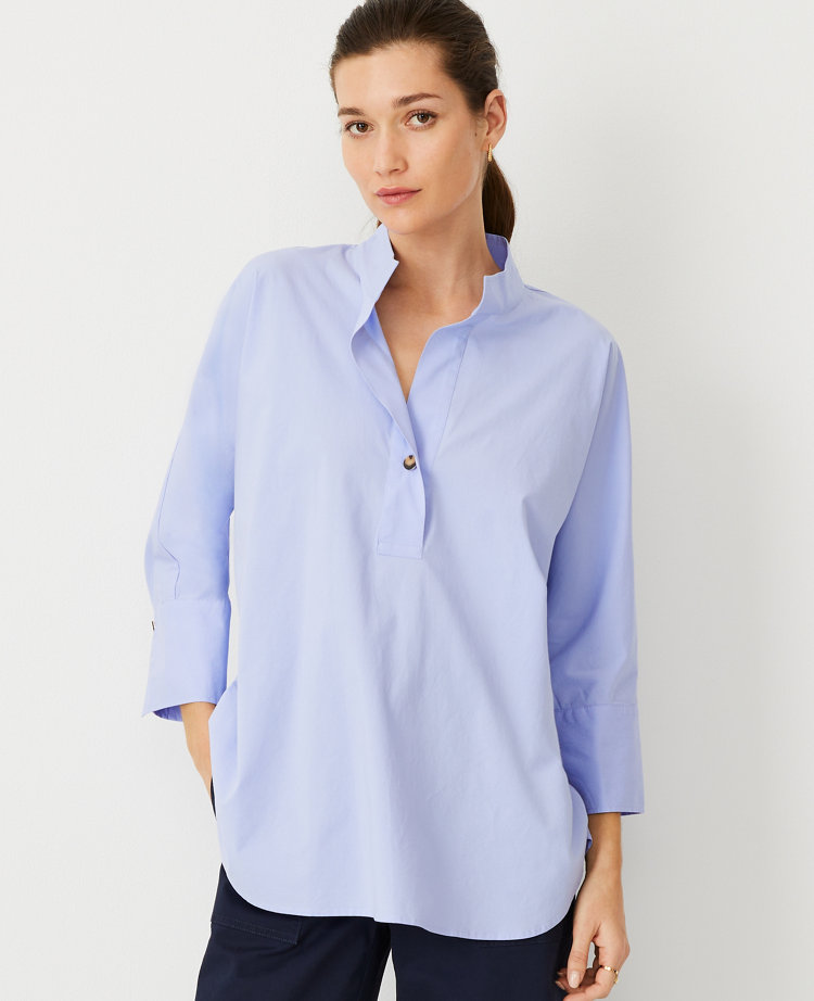 Tulip Sleeve Tunic - Textured Blue Women's Ruffle Shirt by Double