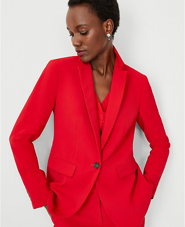 The Petite Long Fitted Notched One Button Blazer in Fluid Crepe