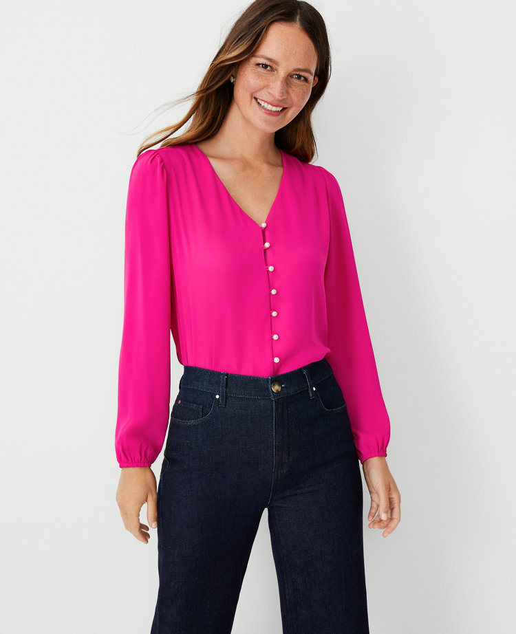 Ann Taylor Sheer Sleeve Popover Top In Rich Pink Berry