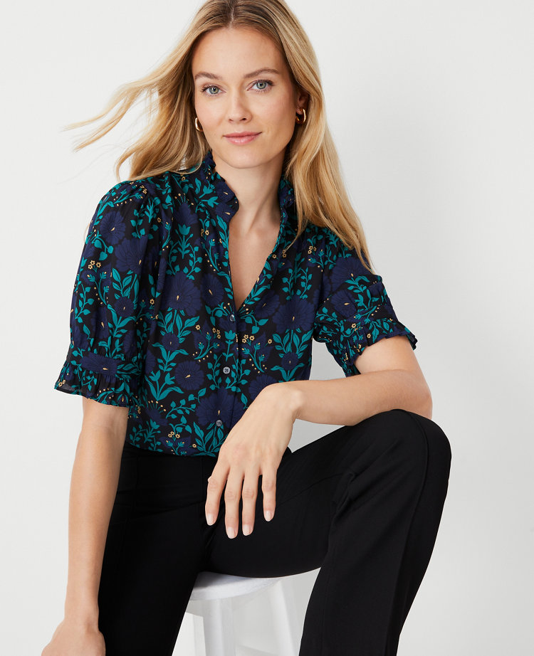 Floral Ruffle Button Top