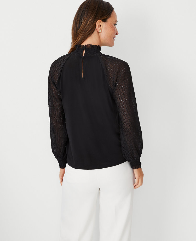 Petite Metallic Clip Sleeve Mock Neck Top