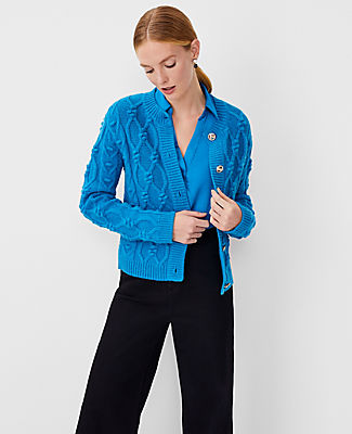Ann Taylor Relaxed Cable Sweater Jacket In Azurite