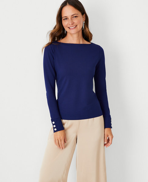Jeweled Button Sleeve Boatneck Top