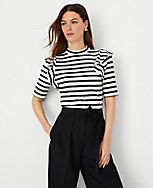 Stripe Ribbed Ruffle Shoulder Top carousel Product Image 1