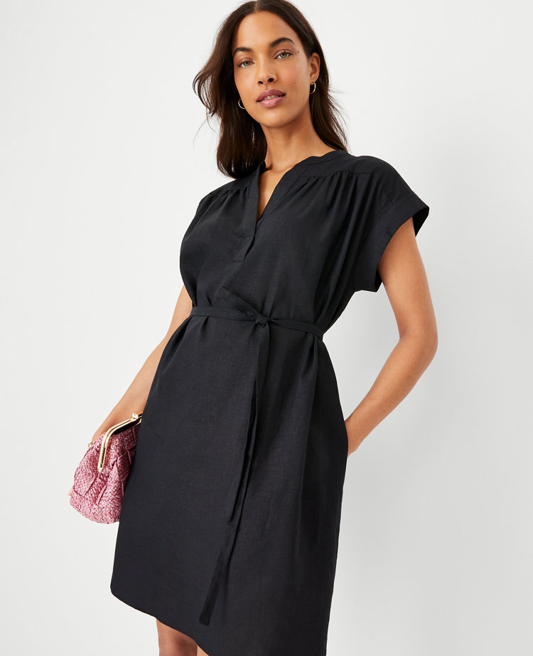 Ann Taylor Linen Blend Belted Split Neck Shift Dress