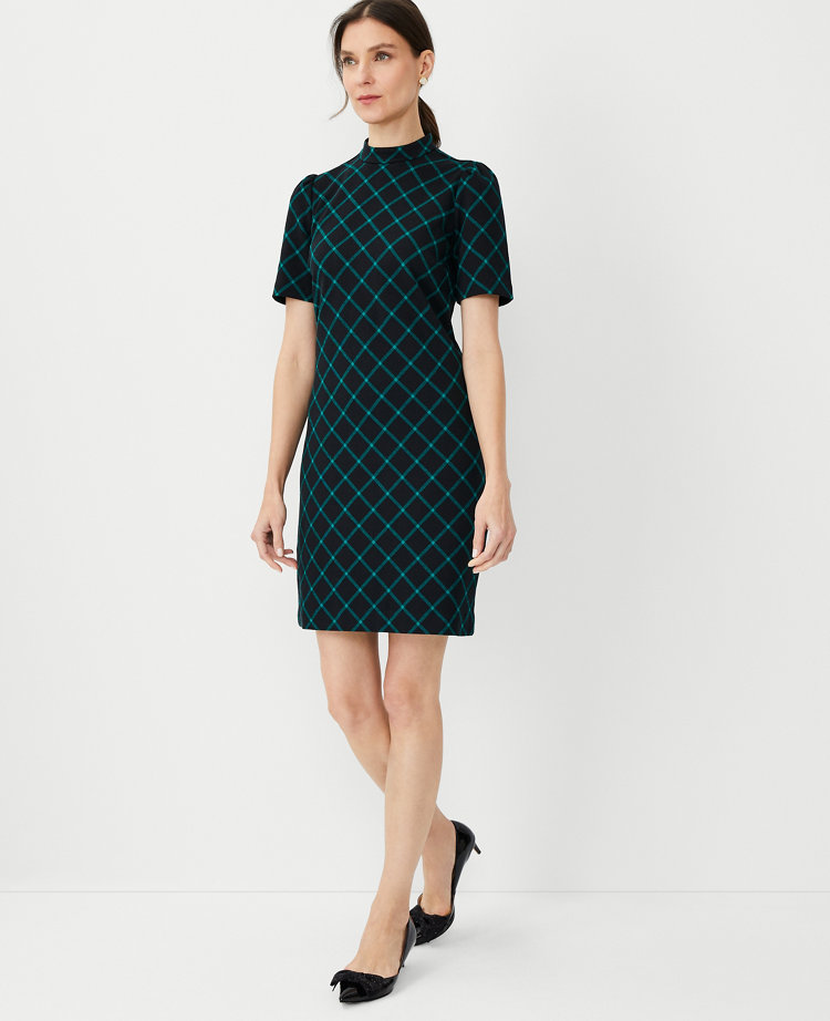 Petite Windowpane Mock Neck Shift Dress