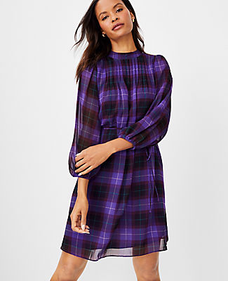 Ann Taylor Petite Plaid Pintucked Belted Dress